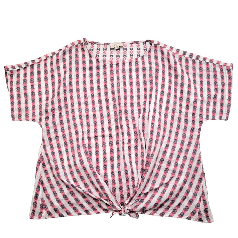 LOFT Tie Front Blouse L Pink White Geometric Stripe Cotton Casual Boho Summer